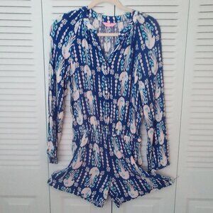 LILLY PULITZER S ELSA ROMPER INDIGO GET IN LINE JELLYFISH PRINT RUCHED V-NECK